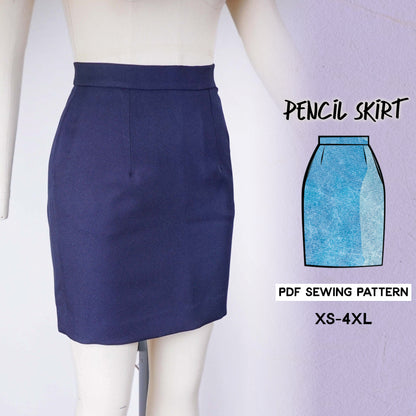 The image shows a pencil skirt in a solid navy color on a mannequin. A PDF sewing pattern for the skirt is displayed in a inset box with a visual representation of the finished skirt.