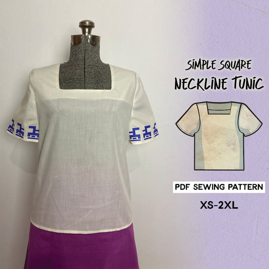 Simple Square Neckline Shirt Sewing Pattern/Downloadable PDF File and Tutorial Book