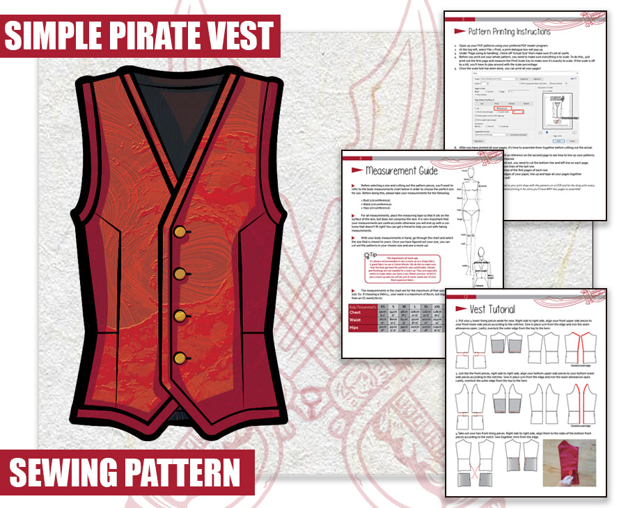 Simple Pirate Vest Sewing Pattern/Downloadable PDF and Tutorial Book