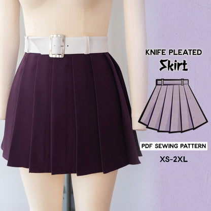 knife pleated skirt PDF sewing pattern, showcasing the skirt in a purple color with a white belt, and including a small inset of the skirt alone.
