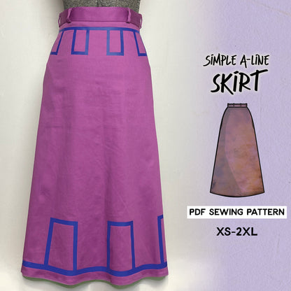 Promotional image for a simple A-line skirt PDF sewing pattern, showcasing the skirt in purple with blue accents, along with a smaller image of the PDF cover titled 'SIMPLE A-LINE SKIRT PDF SEWING PATTERN XS-2XL'.