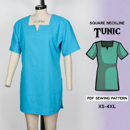 square neckline tunic in blue color with a graphic showing the tunic sewing pattern's PDF and tutorial book.