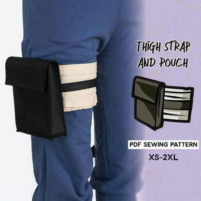 Promotional image for a thigh strap and pouch PDF sewing pattern, displaying the patterned accessory worn on a thigh and including a small pouch with a zipper.