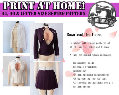 Open Shirt School Girl Uniform Cosplay Sewing Pattern/Downloadable PDF File