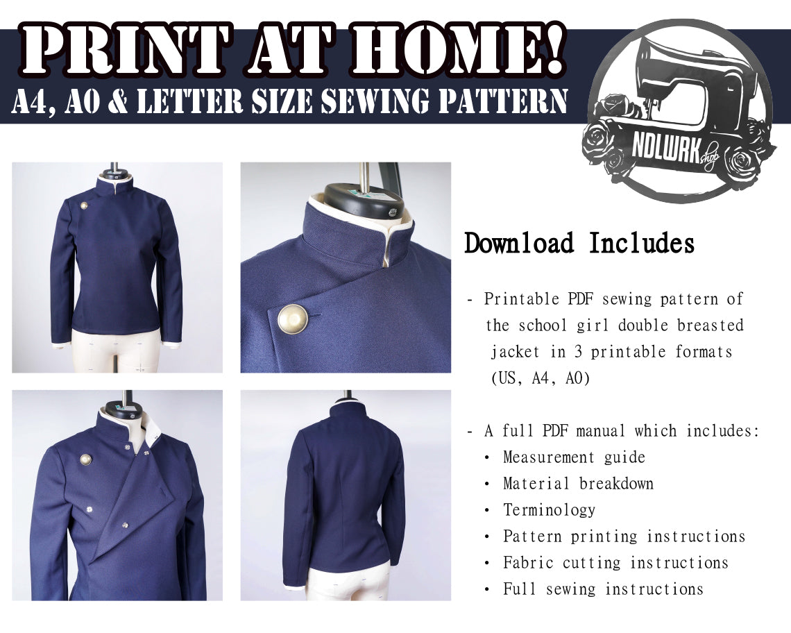 School Girl Double Breasted Jacket Sewing Pattern/Downloadable PDF File and Tutorial Book