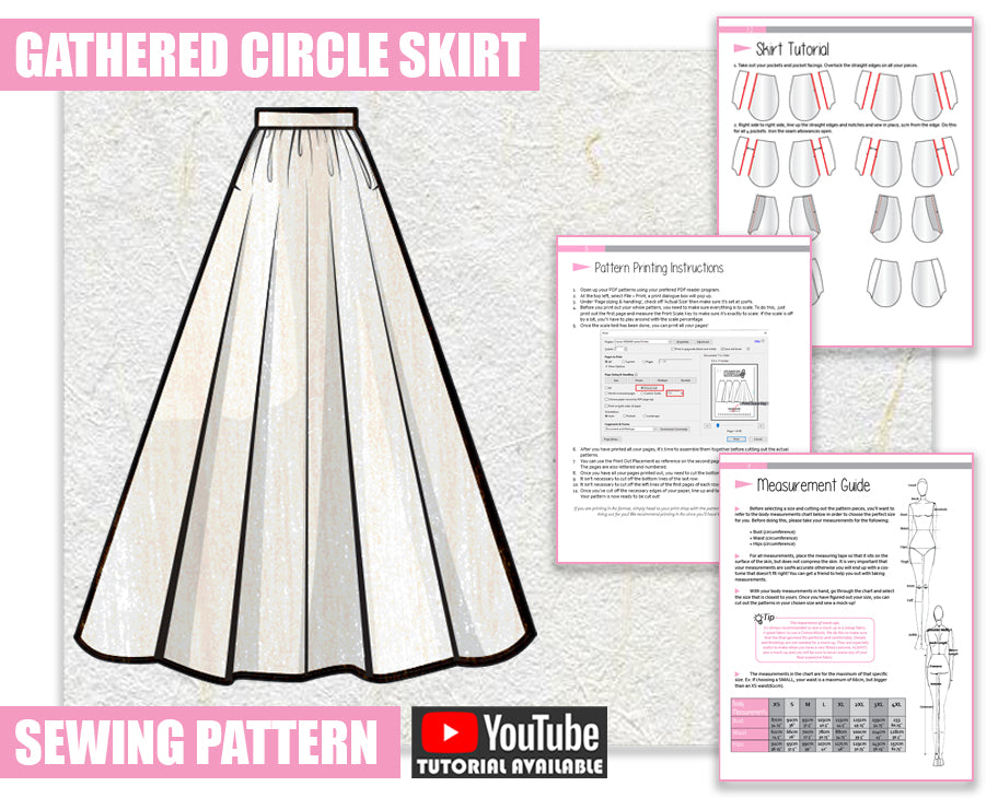 Gathered Full Circle Skirt Sewing Pattern/Downloadable PDF File and Tutorial Book