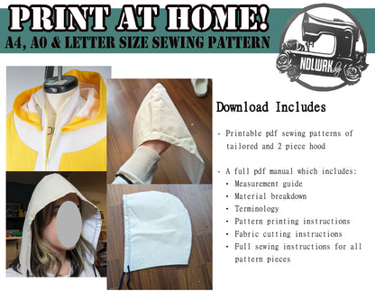 Printable hood sewing pattern bundle with PDF instructions, including tailored and 2-piece hood designs for home printing.